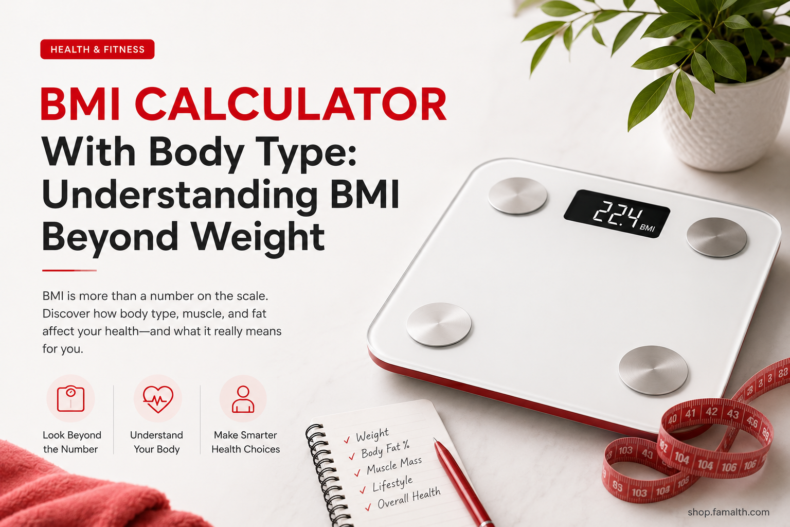 BMI calculator with body type showing a digital scale, measuring tape and visual body-build context