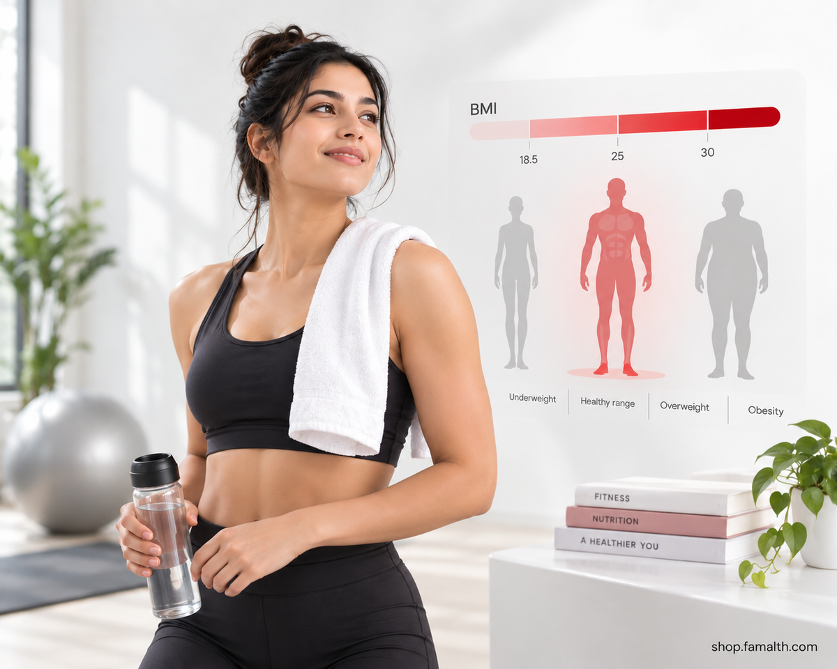 Mesomorph BMI guide showing BMI categories alongside a muscular athletic body type