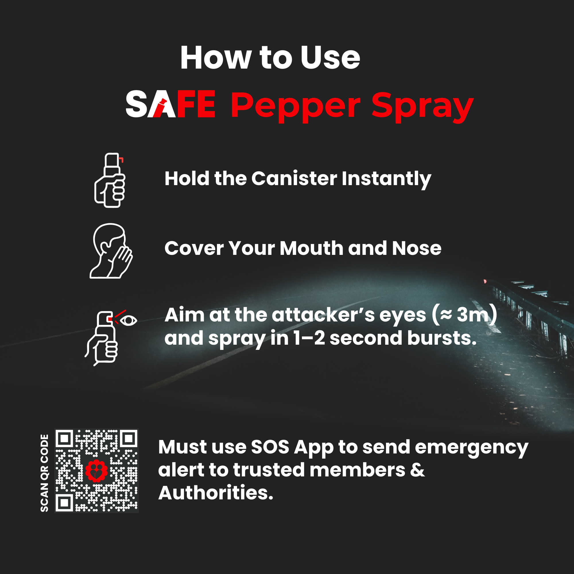 Instructions on how to use SAFE Pepper Spray with icons and text on a dark background.