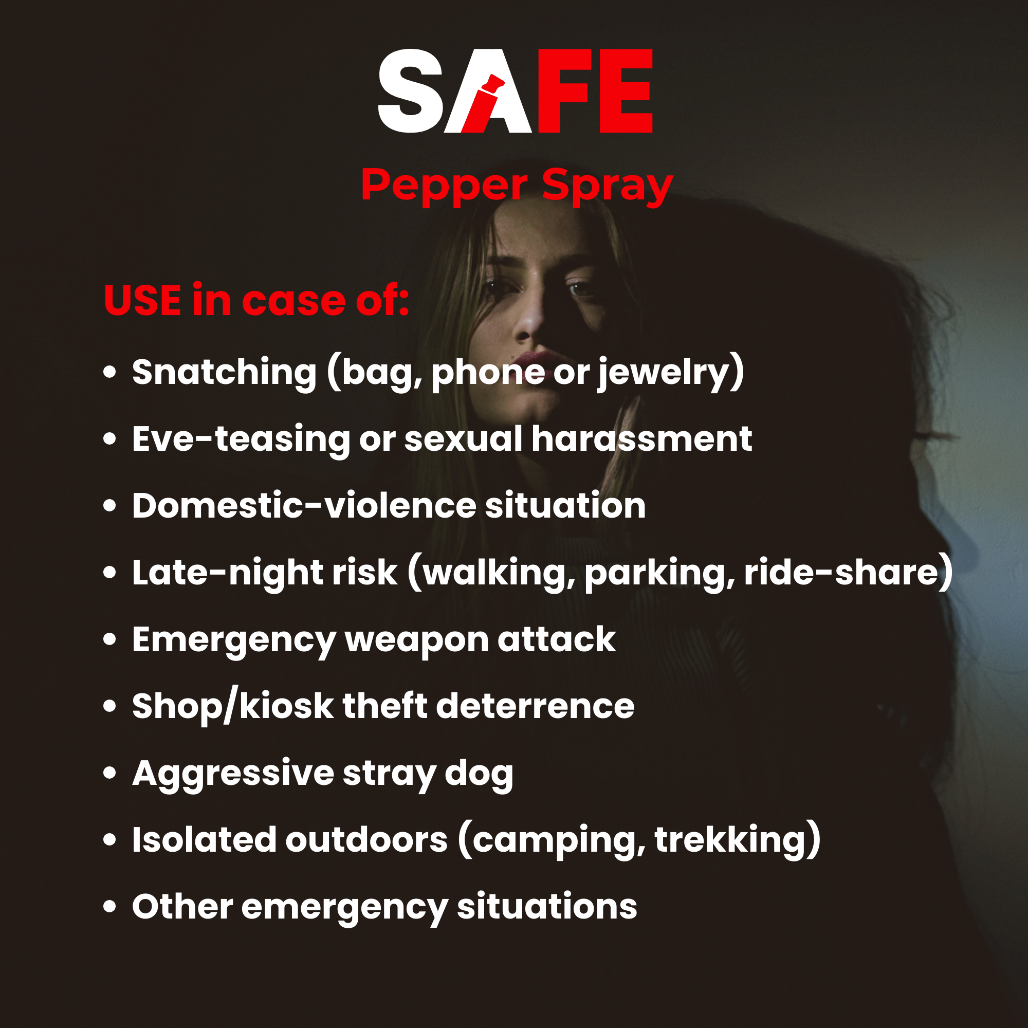 SAFE  Pepper Spray with a list of uses for self-defense