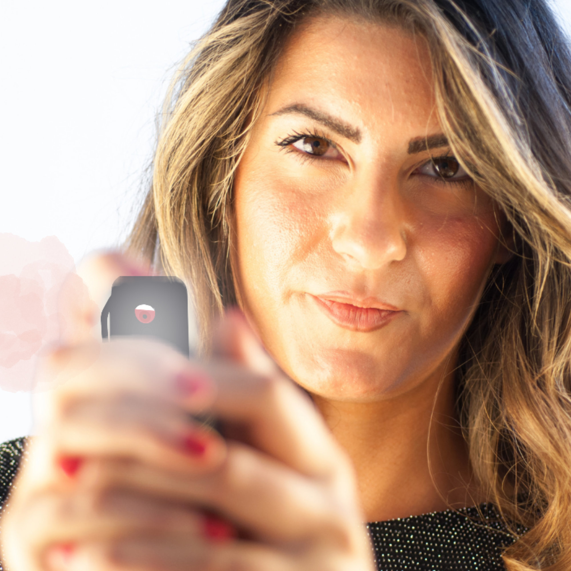 Woman holding a SAFE Pepper Spray and trying to protect herself from threats by using the spray for self-defense.