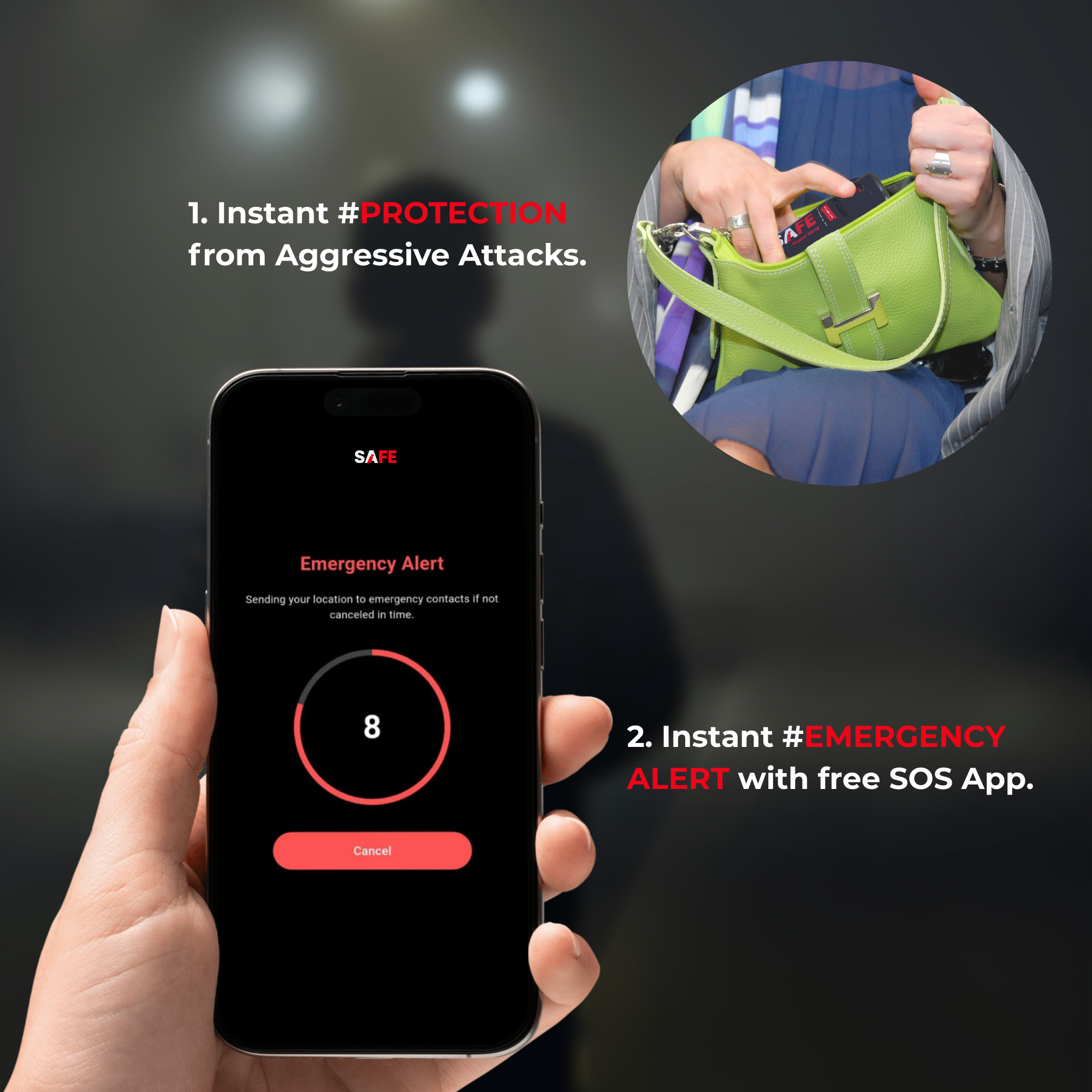 SAFE Pepper Spray with free Famalth SOS App, to protect from aggressive attacks and threats, send instant emergency alert with live location, and auto fall detection.