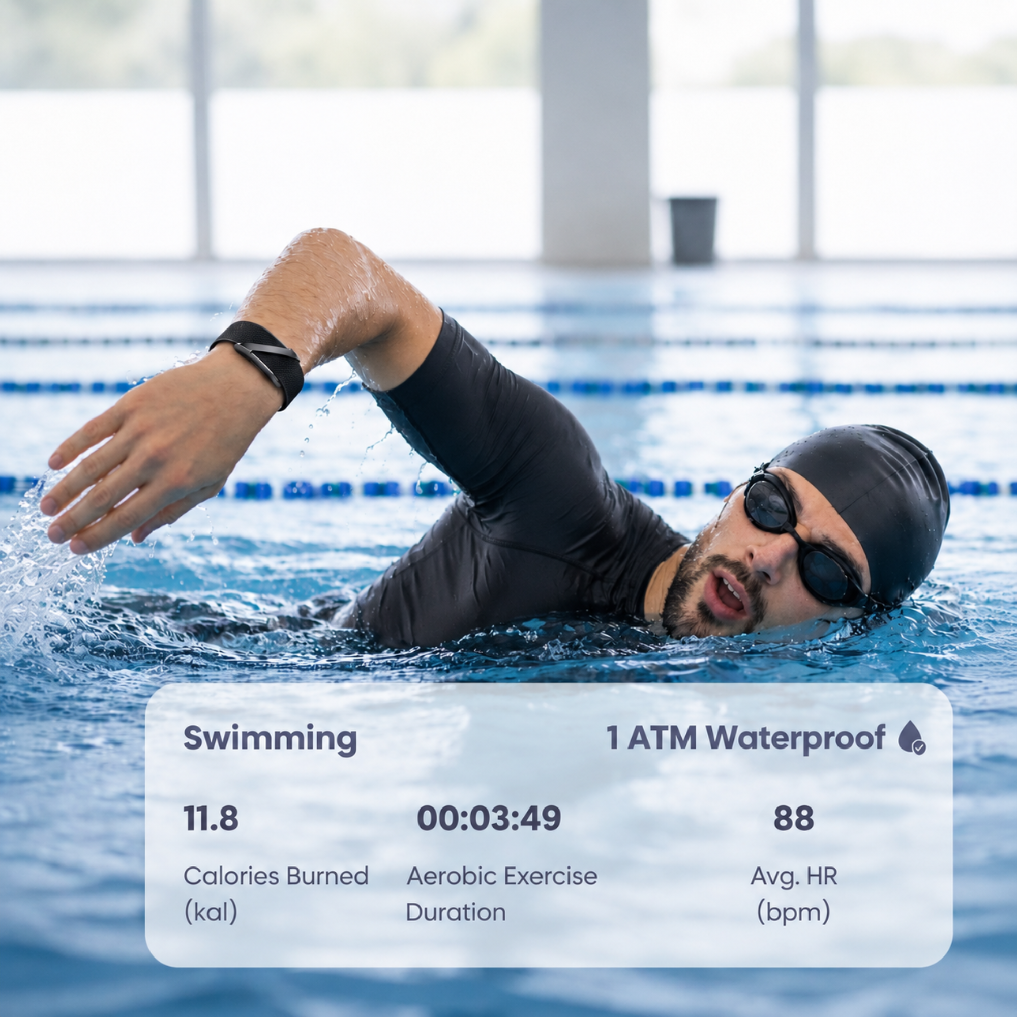 VANTA FITBAND is 1 ATM waterproof, perfect for monitoring swimming, protected from sweat, rain, and accidental washes.