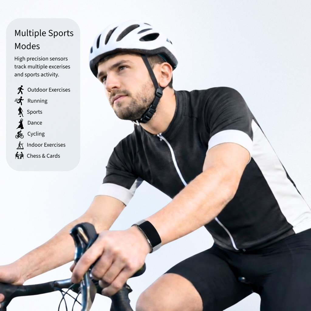 Screenless Famalth VITRO FITBAND with app for sports health monitoring features - including outdoor exercises, running, sports, dance, cycling, chess, football/soccer, cricket, cardio running, etc.