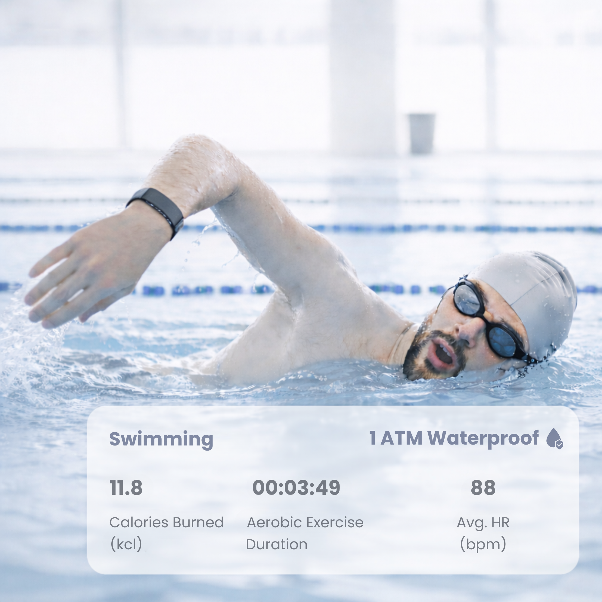 VITRO FITBAND is 1 ATM waterproof, perfect for monitoring swimming, protected from sweat, rain, and accidental washes.