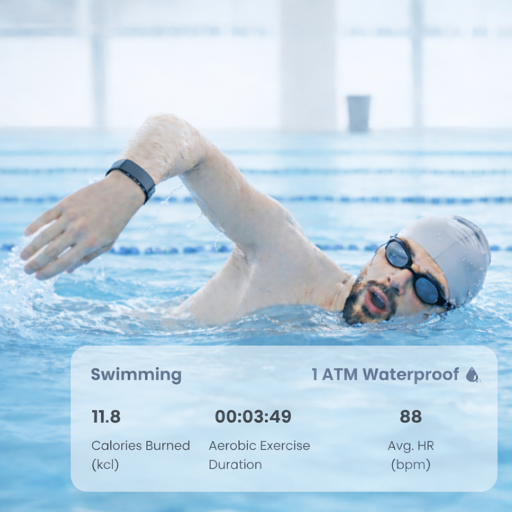 VITRO FITBAND is 1 ATM waterproof, perfect for monitoring swimming, protected from sweat, rain, and accidental washes.