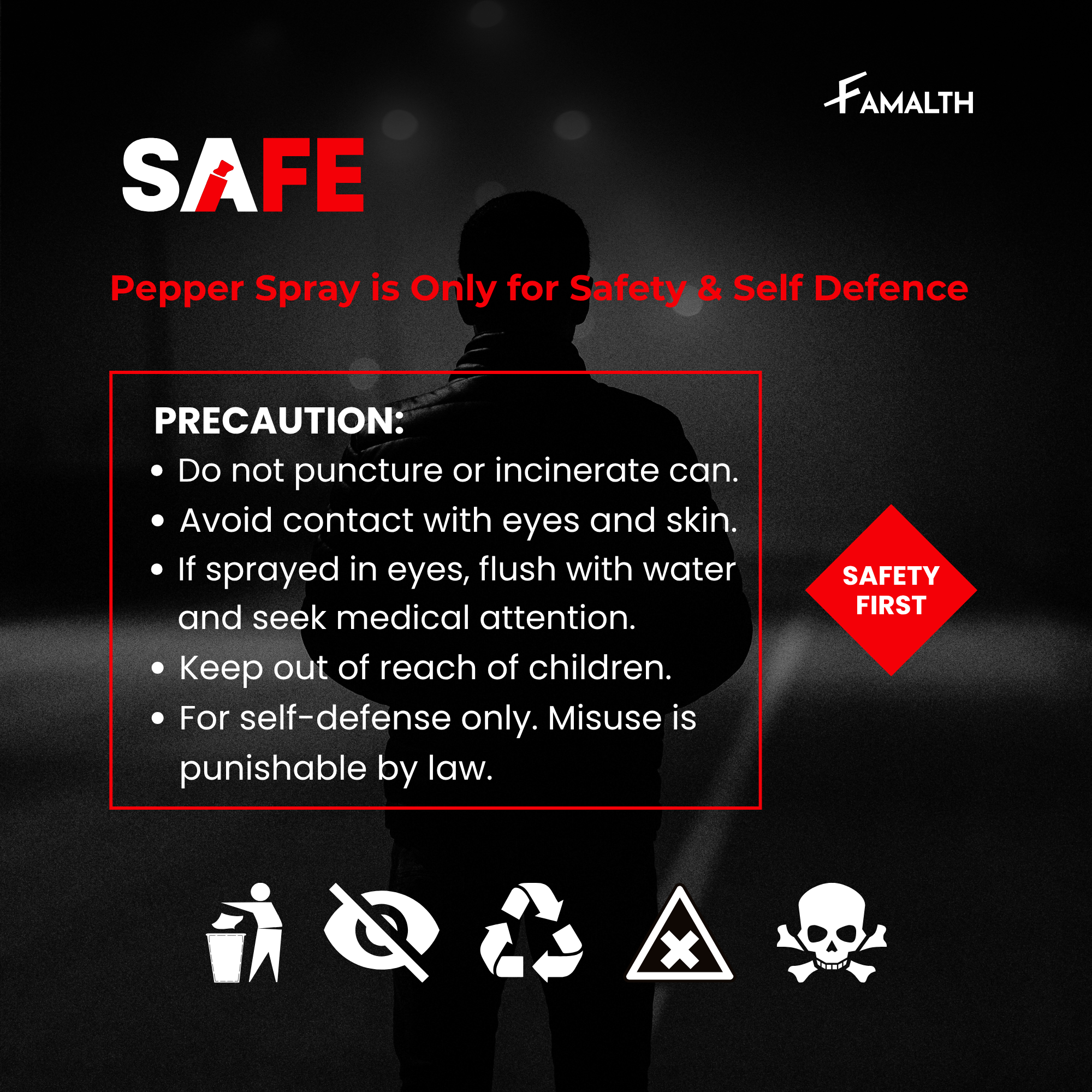 Safety instructions for SASFE pepper spray with a silhouette of a person.