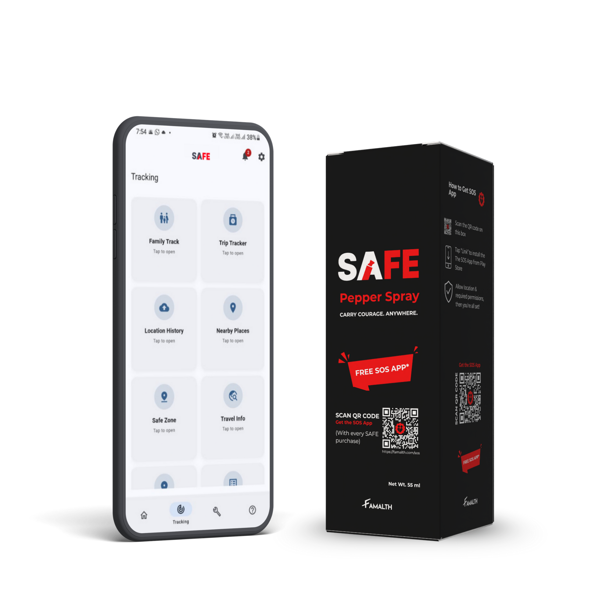 SAFE  pepper spray for sel-defense with free Famalth SOS App for emergency alerts and physical activity tracking.